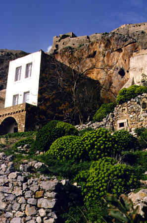 Houses on slopes of Acropolis in Monemvasia. Greece.
