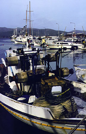 Variety of boats in Githio harbor. Greece.