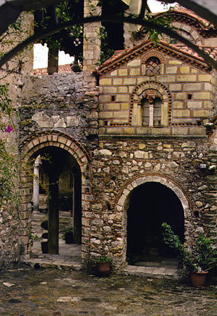 Arched passage into cloister of Mitropolis church in Mistra. Greece.