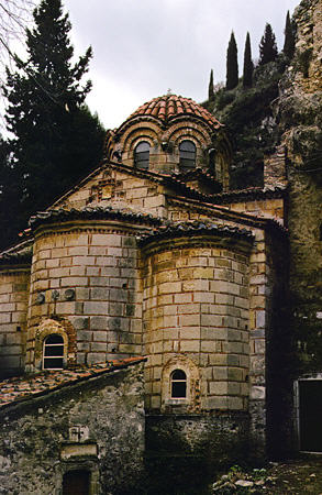 Perivleptos monastery (Moni Perivleptou) in Mistra was built in 13th to 14th century against rock face. Greece.