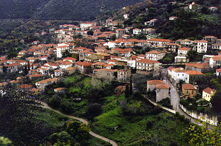 Village of Andritsena viewed from mountain road. Greece.