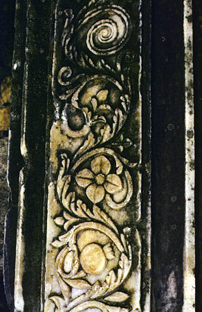 Detail of marble Byzantine carving in workshop of Pheidias which later became a Byzantine church in Olympia. Greece.