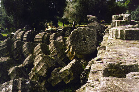 Temple of Zeus in Olympia circa 5th century BC, statue of which is one of the seven world wonders and whose columns were downed by earthquake in 6th century. Greece.