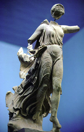 Nike of Paeonios circa 421 BC in Olympia Museum, was once on southeast corner of Temple of Zeus. Greece.