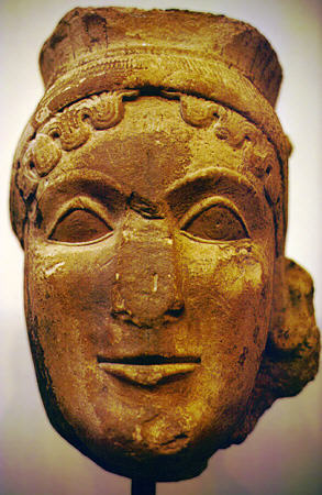 Limestone Head of Hera in Olympia Museum is from colossal statue in Heraion (Heraum) circa 560 BC. Greece.