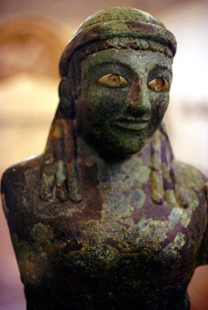 Mythical figure hammered in bronze circa early 6th century BC in Olympia Museum. Greece.