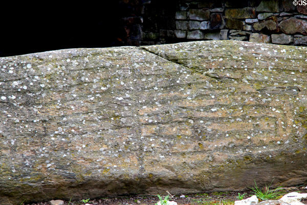 Spiral carving on entrance of Main Neolithic passage grave at Knowth. Ireland.