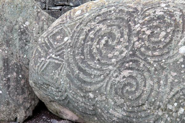 Detail of Megalithic carving on stone in front of entrance of passage tomb at Newgrange. Ireland.