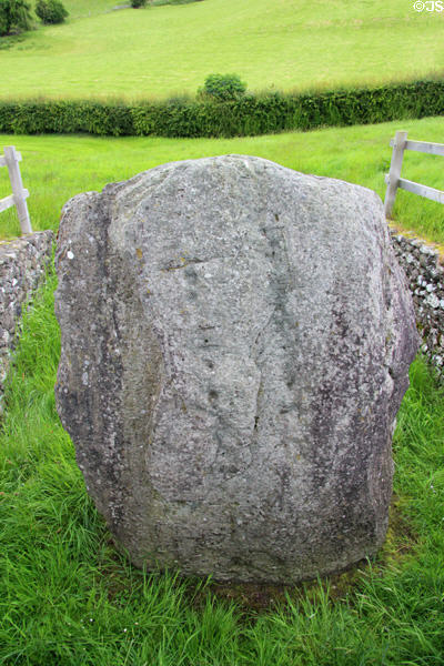 Standing stone with lines of sculpted pits at Newgrange. Ireland.