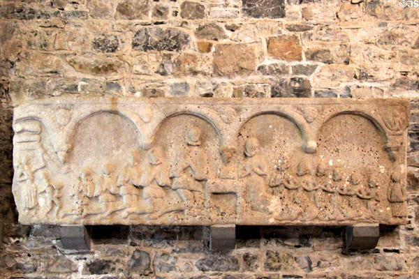 Carved Christian sarcophagus in church at Hill of Tara. Ireland.
