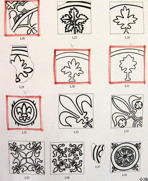 Medieval floor tile designs with red circling those found at Old Mellifont Abbey. Ireland.