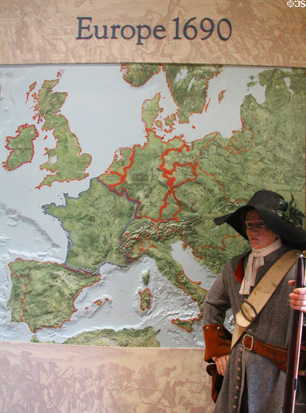 Map of European Protestant vs Catholic conflicts in 1690 as perspective for Battle of the Boyne in Ireland at Battle of the Boyne museum. Ireland.