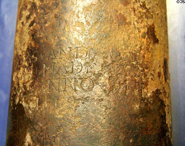 English Falcon cannon (c1570) makers mark at Battle of the Boyne museum. Ireland.