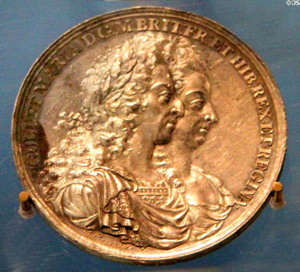 Silver William & Mary medal (1691) marks Pacification of Ireland at Battle of the Boyne museum. Ireland.