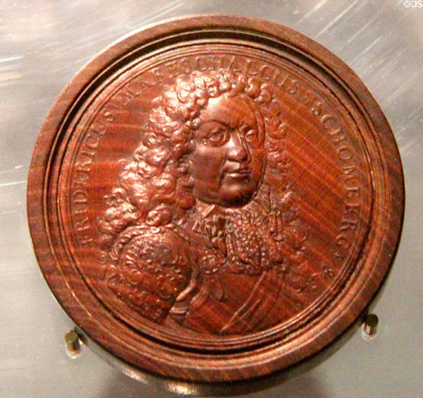 Wooden draughts (1690-1700) commemorates Marshal Schomberg & Boyne Battle at Battle of the Boyne museum. Ireland.