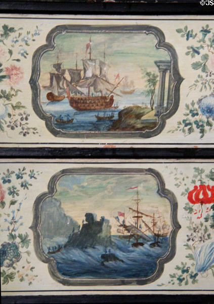 Details of Japanned lacquer cabinet (early 18thC) with painted vignettes of landscapes said to have been painted by Katherine Conolly at Castletown House. Ireland.