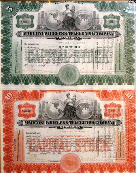 Marconi Wireless Telegraph Company stock certificates (c1920) at Hurdy Gurdy Museum of Vintage Radio. Howth, Ireland.