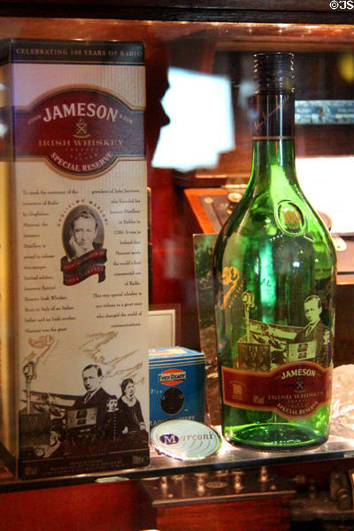 Jameson Irish Whiskey special edition bottle marking centenary of Guglielmo Marconi who was great-grandson of founder John Jameson at Hurdy Gurdy Museum of Vintage Radio. Howth, Ireland.