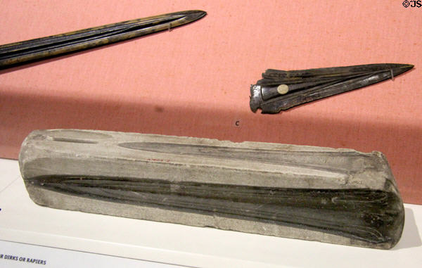 Two-piece mould to cast bronze dirks (1700-1300 BCE) from Inchnagree at National Museum of Ireland Archaeology. Dublin, Ireland.