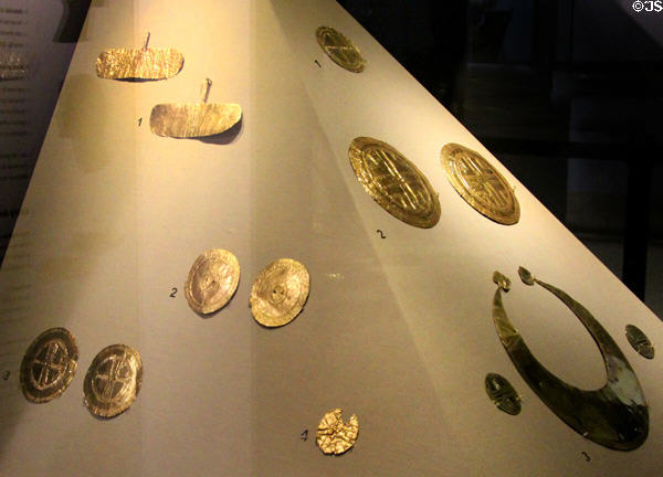 Gold earrings, disks & lunula (2200-1800 BCE) from several Irish sites at National Museum of Ireland Archaeology. Dublin, Ireland.