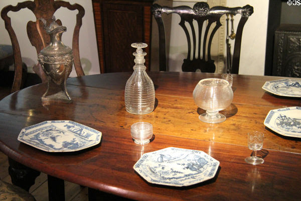 18th C tableware on Irish mahogany table (c1750) at National Museum Decorative Arts & History. Dublin, Ireland.