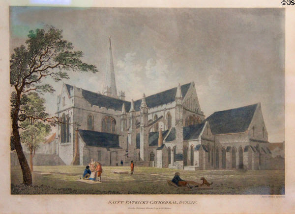 Saint Patrick's Cathedral, Dublin aquatint print (1793) by James Malton at Little Museum of Dublin. Dublin, Ireland.