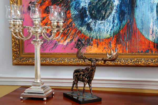 Silver lamp & statuette of extinct Giant Irish Deer in entrance hall at Aras an Uachtarain. Dublin, Ireland.