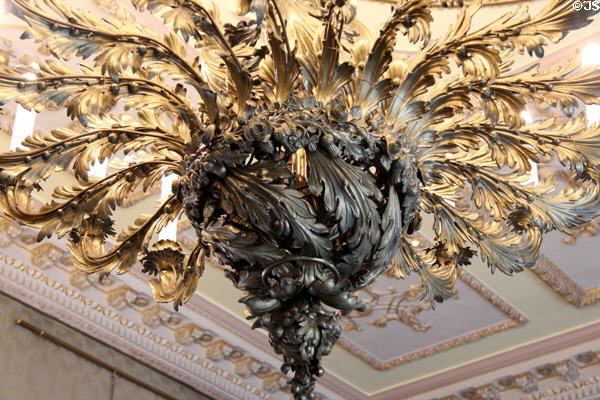 English roses, Scottish thistles, Irish shamrocks & oak leaves of Wales on throne room brass chandelier (1839) by Higginbotham, Thomas & Co. at Aras an Uachtarain. Dublin, Ireland.