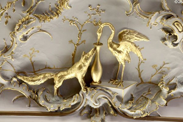 Gilded fox & crane of sculpted ceiling in council of state room at Aras an Uachtarain. Dublin, Ireland.