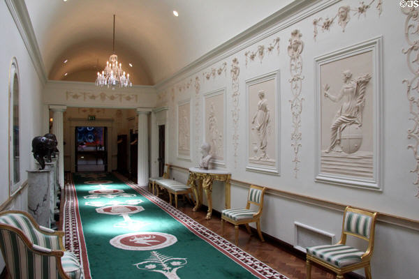 State corridor with Lafranchini Brothers panels & busts of former Irish presidents at Aras an Uachtarain. Dublin, Ireland.