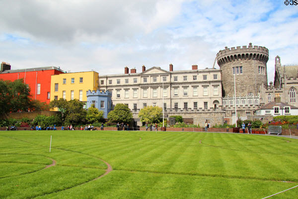 State Apartments & Record Tower over Dubblinn Gardens at Dublin Castle. Dublin, Ireland.