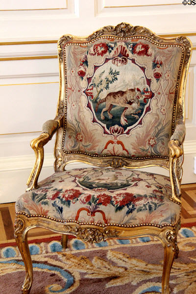 Embroidered chair in Apollo Room at Dublin Castle. Dublin, Ireland.