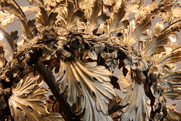 English roses, Scottish thistles, Irish shamrocks & oak leaves of Wales on throne room brass chandelier (1839) by Higginbotham, Thomas & Co. at Dublin Castle. Dublin, Ireland.