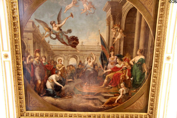 King George III flanked by Britannia & Hibernia painting (c1790) by Vincenzo Waldré on ceiling of St Patrick's Hall at Dublin Castle. Dublin, Ireland.