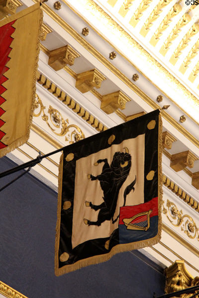 Ireland's order of chivalry banner in St Patrick's Hall at Dublin Castle. Dublin, Ireland.