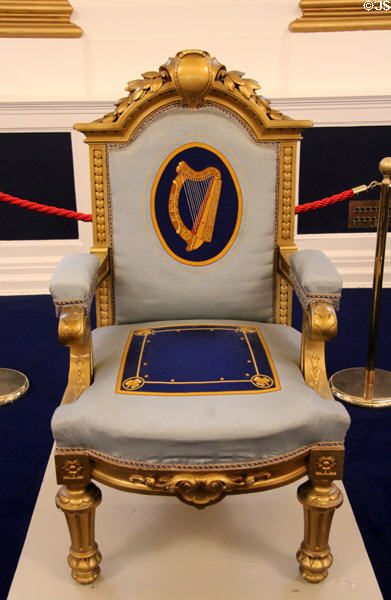 Ireland's Presidential inauguration chair (c1849) first used as a royal throne by Queen Victoria in St Patrick's Hall at Dublin Castle. Dublin, Ireland.