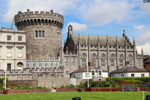 Record Tower (c1230) & Chapel Royal (1814) seen from Dubblinn Gardens at Dublin Castle. Dublin, Ireland.