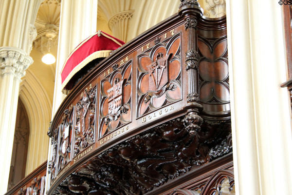 Gallery carved with coats of arms of Lord Lieutenants in Chapel Royal at Dublin Castle. Dublin, Ireland.