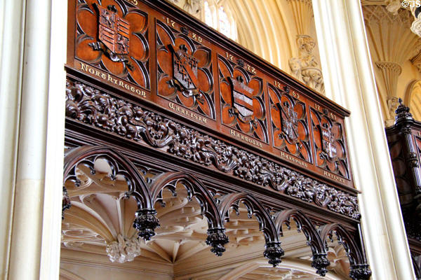 Gallery carved with coats of arms of Lord Lieutenants in Chapel Royal at Dublin Castle. Dublin, Ireland.