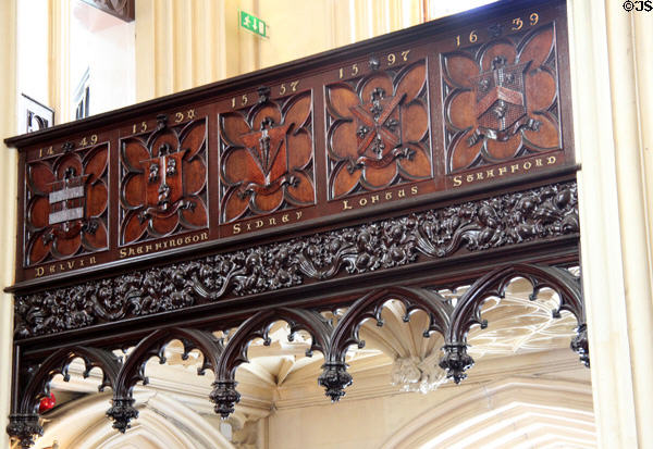 Gallery carved with coats of arms of Lord Lieutenants in Chapel Royal at Dublin Castle. Dublin, Ireland.