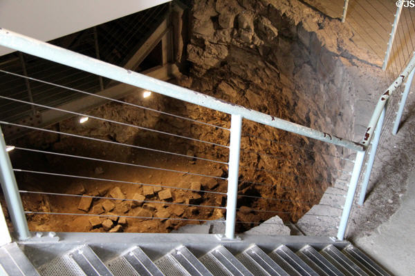 Steps to excavation of Powder Tower foundations built by Normans (c1230) at Dublin Castle. Dublin, Ireland.