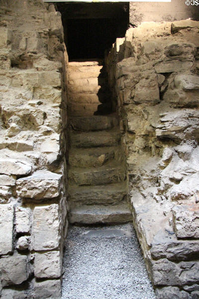 Viking steps up from river beneath Dublin Castle. Dublin, Ireland.