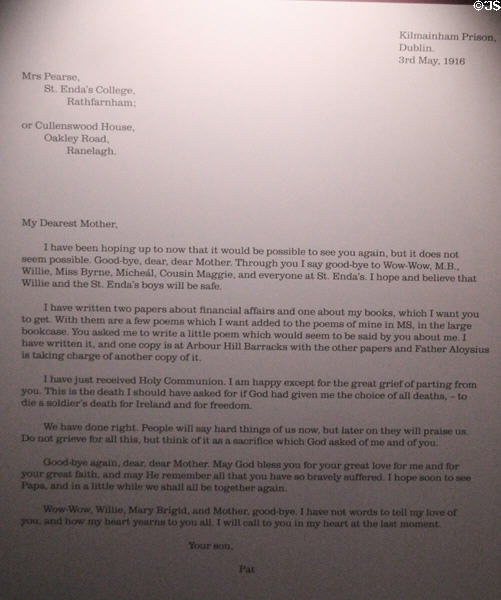 Typed version of undelivered last letter of Patrick Pearse to his mother (May 2, 1916) before his execution at Pearse Museum. Dublin, Ireland.