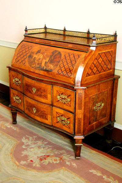 Bureau with depiction of hunting scene (c1775) from Germany in four seasons room at Rathfarnham Castle. Dublin, Ireland.