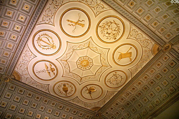 Detail of Gilt room ceiling painting with symbols of Greek gods by James 'Athenian' Stuart at Rathfarnham Castle. Dublin, Ireland.