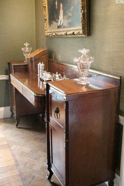 Dining room sideboard with serving dishes at Emo Court. Ireland.