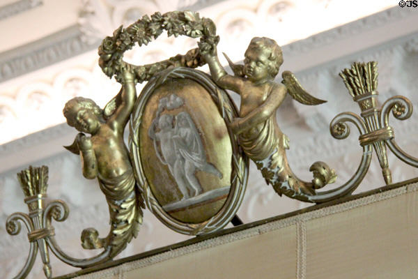 Pair of carved cherubs on English State Bed (1794) in tapestry room at Russborough House. Ireland.