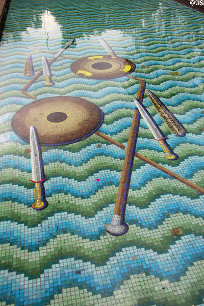 Celtic weapons peace mosaic in symbolic pool at Garden of Remembrance. Dublin, Ireland.