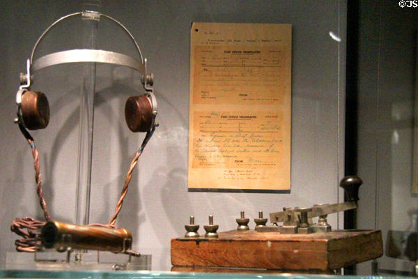 Morse code key & headset types in use during 1916 Easter Rising at GPO Museum. Dublin, Ireland.