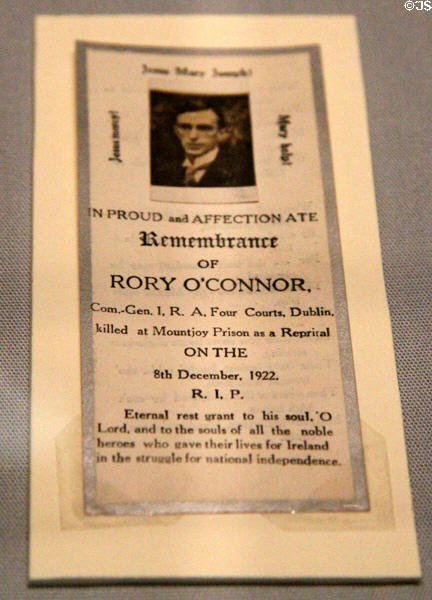 Remembrance leaflet (1922) for Rory O'Connor IRA commander at GPO Museum. Dublin, Ireland.